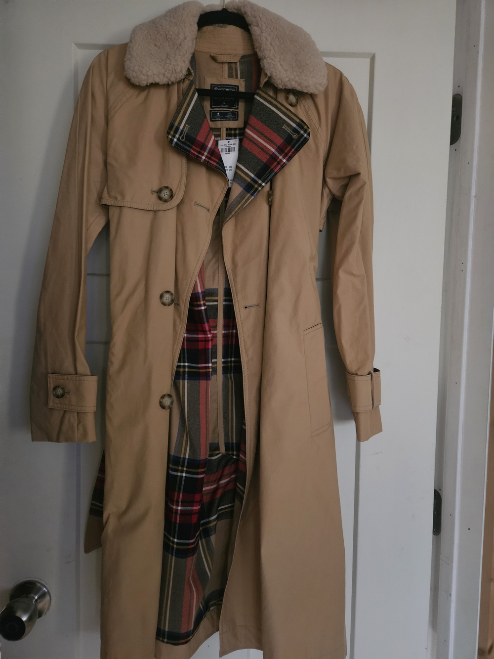 Abercrombie & Fitch Tan Coat with Red and Navy Plaid Lining